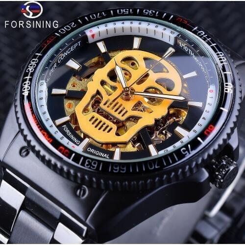 Forsining Steampunk Luminous Hands Golden Skull Black Stainless Steel Skeleton Clock Mens Automatic Watches Top Brand Luxury