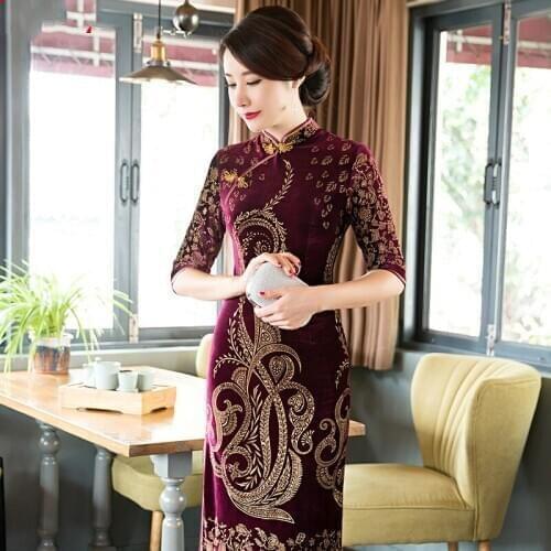 The Elegant 3/4 Long Sheeve Velvet Cheongsam Autumn Catwalk Auspicious Gown Dress with Plus Size 3XL