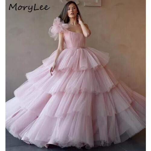Fantastic Evening Dresses One Shoulder Sleeveless Hand Made Flower Soft Tulle Evening Dresses vestidos de fiesta de noche