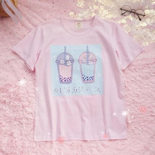 Summer Small Fresh Students Pink Milk Tea Print Short Sleeve T-shirt Tee Kawaii Harajuku Soft Girl Ulzzang Womens Loose Tops