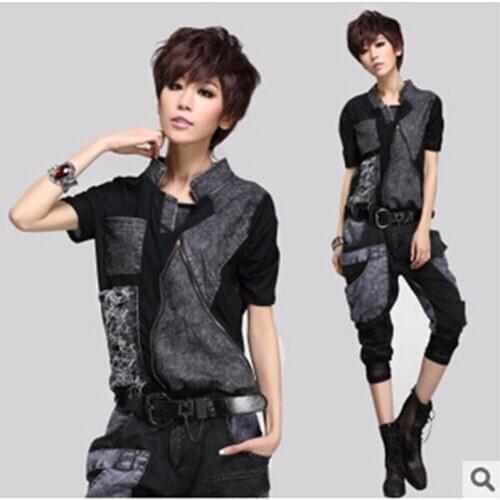 Fashion women T-shirt tops female summer European black leisure loose denim stitching Scrub with short sleeves zipper t-shirts