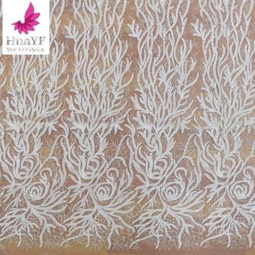 Hot Selling White Net Beaded Lace Sequins Fabric For Bridal Dress HY1193