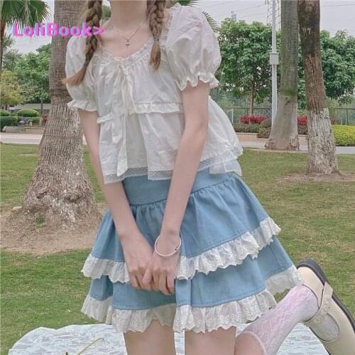 Lolibook Summer Kawali Lolita Suit Women Solid Japanese Style Elegant Sweet Blouse Casual Puff Sleeve Designer Suit for Women