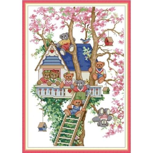 Bears tree house cross stitch kit aida 14ct 11ct count printed canvas stitches embroidery DIY handmade needlework
