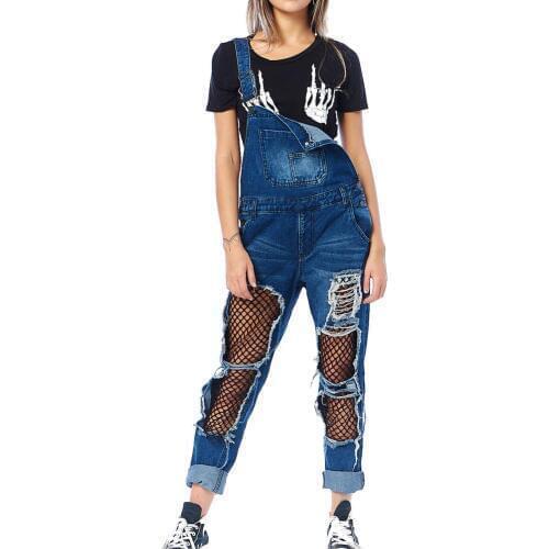 Hitmebox 2019 New Arrival Womens Ripped Hole Distressed Cutout Jeans Mesh Fishnet Patchwork Casual Demin Long Jumpsuit Overalls
