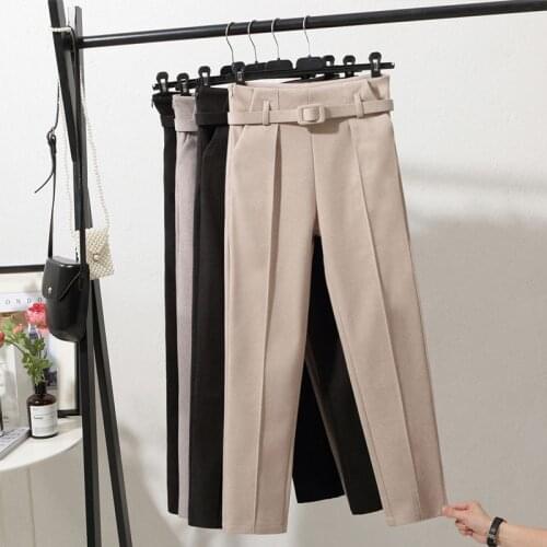 New Winter Woolen Pants Women Harem Pants With Belt Higt Waist Casual Pants Korean Style Pantalon Femme Work Office Pants P165