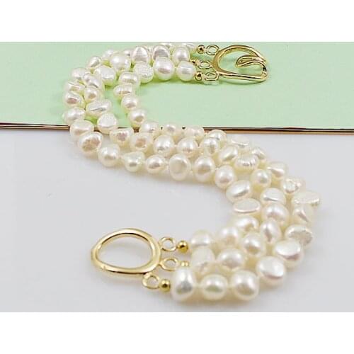 New Favorite Pearl Bracelet White 3Row Baroque Freshwater Pearl Gold Plated Chain Buckle Can Be Worn At Will Ladies Fine Jewelry