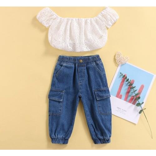 2 Pcs Infant Solid Color Outfits, Toddler Off Shoulder Hollow Short Sleeve Crop Tops + Jeans with Pockets