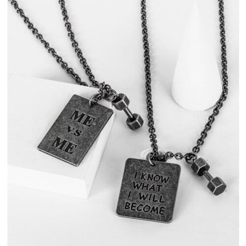 Trendy Fitness Exercise Small Dumbbell Faith and Faith Lock Ancient Silver Square Brand Men and Women Couple Pendant Necklace
