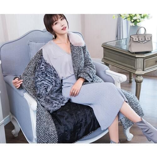 Tweed Wool Female Real Coat Long Detachable Lamb Liner Winter Jacket Natural Mink Fur Collar Coats 18070