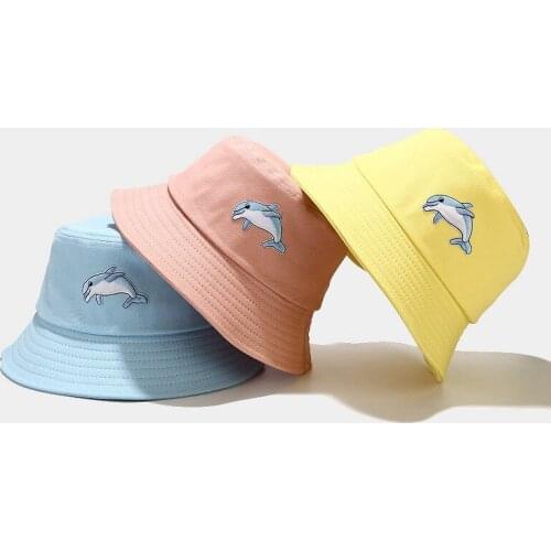 New Cartoon Dolphin Pattern Fisherman Hat Simple Macaron Color Womens Bucket Hat Summer Sun Protection Hat Unisex Panama Cap