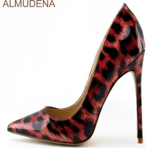 ALMUDENA Sexy Red/black Leopard Printed Dress Shoes Pointed Toe Color Block Pumps Thin High Heel Low Cut Party Shoes For Wedding