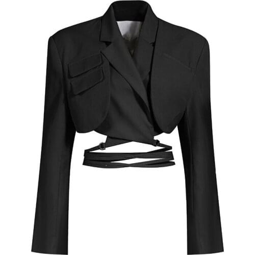 Sexy Black Short Blazer For Women Notched Long Sleeve Lace Up Hollow Out Blazes Female 2020 Fall Fashion New Tide Clothing K901