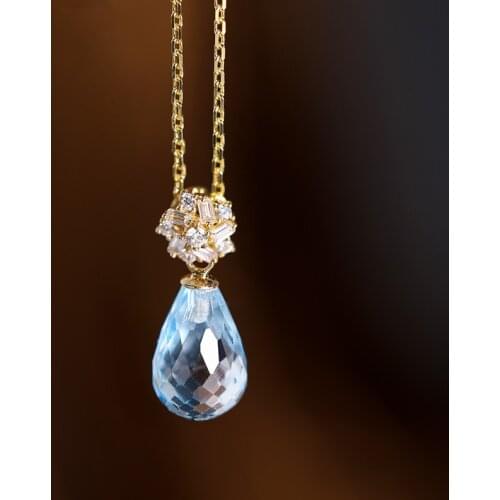 DAIMI Sky Blue Topaz Pendant Female Genuine Yellow 18K Gold Water Drop Color Treasure Necklace For Girlfriend