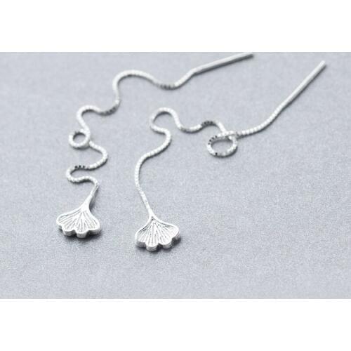 Real. 925-STERLING-SILVER Ear Pull Through gingkgo gingko Ear Threader Earrings Long Dangle Box Chain GTLE655