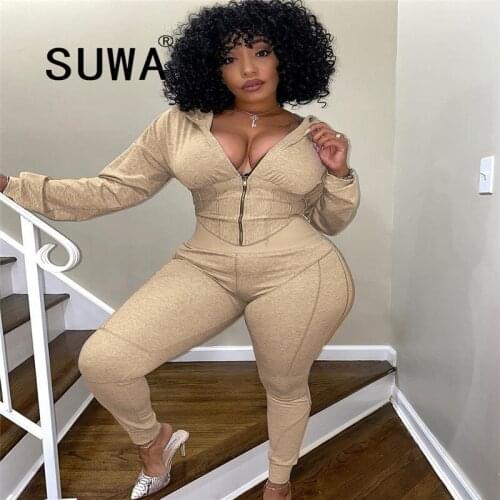 Hot Sale Loungewear Womens Two Piece Outfits Matching Sets Zipper Long Sleeve Jacket Top Jogger Pants Sexy Fitness Wear