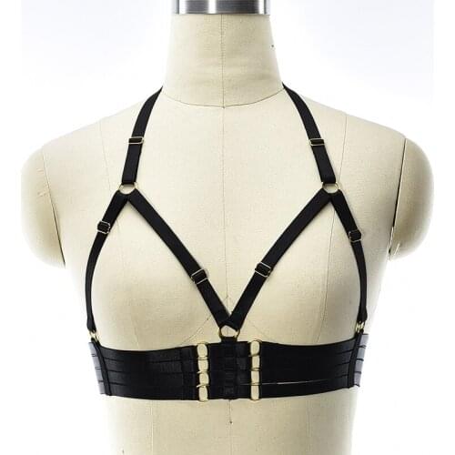 Women Black Punk Harness Belt Goth Open Chest Bra Sexy Lingerie Body Harness Rave Bra Bondage Harness Crop Top Cage Bra