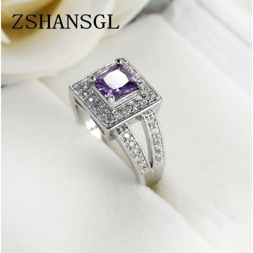 Sterling Sliver finger ring for lady paved Purple CZ luxury hot Princess women Wedding Engagement Ring purple color jewelry