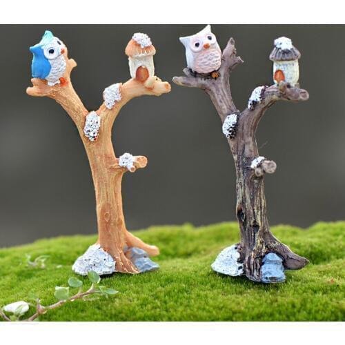 1Pcs Mini Resin Owl on the Tree Figurines Doll House Micro Landscaping Decor For Garden DIY Craft Accessories Kids Birthday Gift