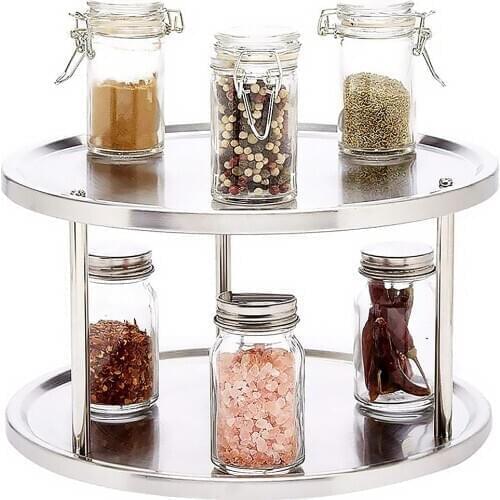 2-Tier Storage Rack 360 Degree Rotatable Spice Tray Stainless Steel Kitchen Spice Round Stand Holder Rack Strong Storage Tray
