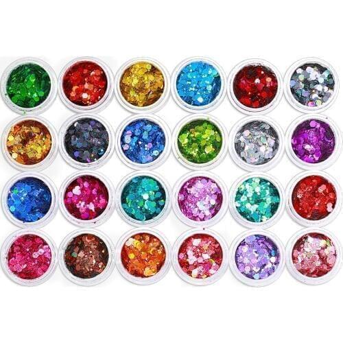 24jars/Set Rainbow Holographic Chunky Glitter Mix 24 Colors Face Body Eye Hair Spangles Festival Nail Art Glitter Sequins #77GH