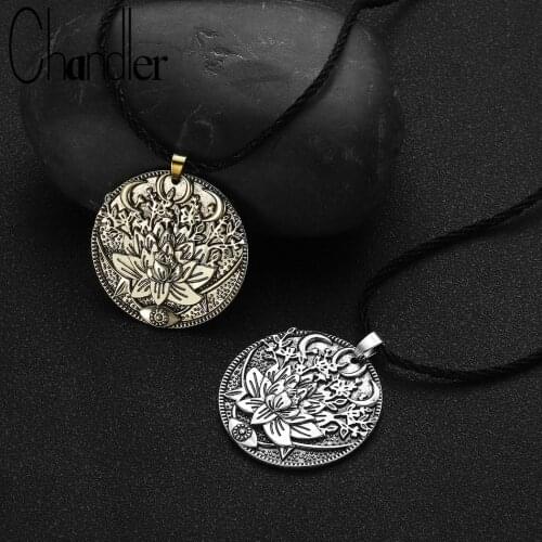 Chandler Triple Moon Goddess With a Lotus Flower Evil Eye Necklace Engraved Witchcraft Amulet Beautiful Talisman Wiccan Jewelry
