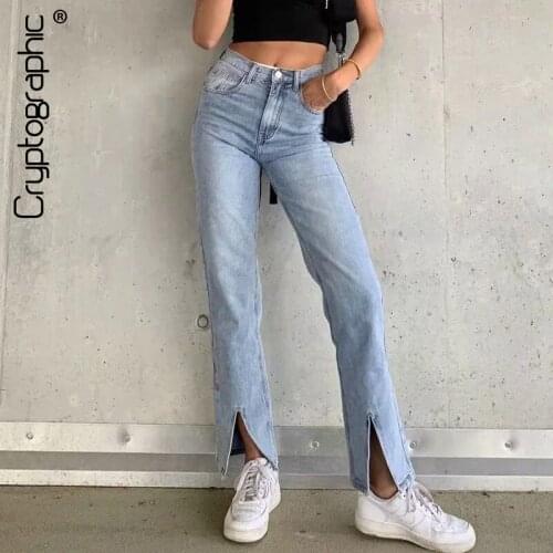 Cryptographic Fashion Slit Straight Pencil Jeans Woman High Waist Bottom Skinny Pants Streetwear Denim Trousers Jeans Harajuku