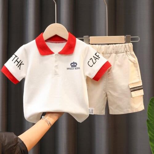 1 2 3 4 5 Years Boys Clothes Baby Summer Red Lapel Shirt Set Short White Sleeve Shirt + Khaki Pants for Infant Toddler Boy 2 PCS