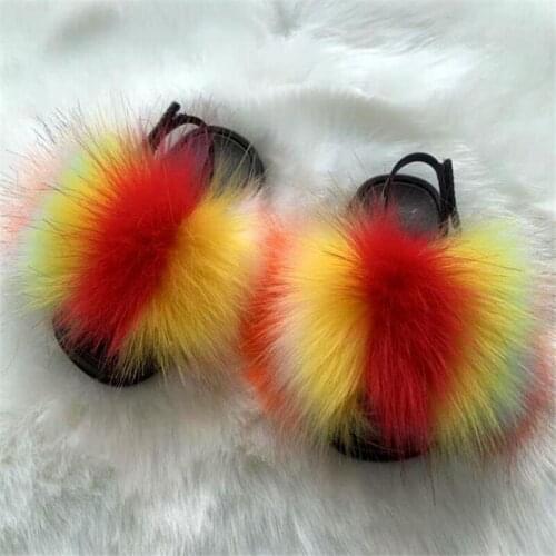 Wholesale Childrens Fox Fur Slides Cute Rainbow Fluffy Fur Slippers Kids Furry Shoes Non-slip Heel Strap Sandals Girl Flip Flop