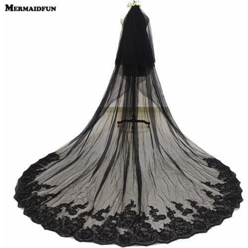 Two Layers Sequins Lace Edge 3 Meters Black Long Wedding Veil with Comb 2T Bridal Veil Voile Mariage
