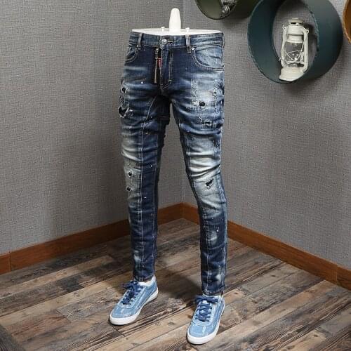 Fashion Streetwear Men Jeans Retro Blue High Quality Slim Fit Ripped Jeans Men Biker Pants Spliced Designer Hip Hop Jeans Homme