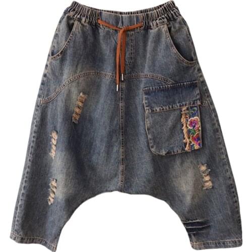 Embroidery Jeans Women New hip hop cowboy Bloomers Joggers Loose Hole Ripped Denim Cross-pants Baggy Harem Trousers Pantalon