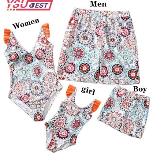 Family Matching Swimwear Orange Printed Buckle Bikini Set Mom Daughter Mommy and Me swimsuit Family Look Father Son Swim Shorts