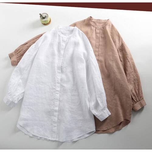 Linen long sleeve white shirt loose casual medium long stand collar black button top cotton hemp female spring 297