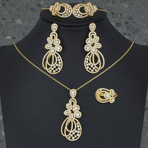 ModemAngel Luxury Flower Design Necklace Bracelet Earring Ring Jewelry Sets For Women Wedding Indian Dubai Bridal Jewelry Set
