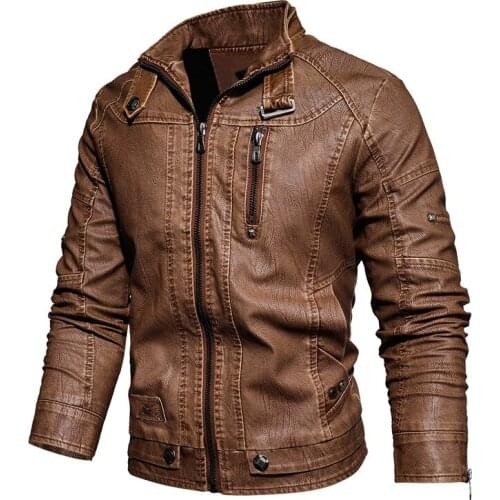 Outerwear Fashion Winter Leather Jacket Men Stand Collar Motorcycle Washed Retro Fleece Faux Leather Jacket Mens PU Coats Biker
