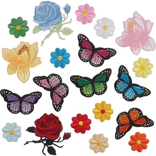 16/20/36/39 Pcs Butterfly Rose Flower Iron On Embroidered Patches Cute Sew On Applique Patches for Clothing Decorative Patches