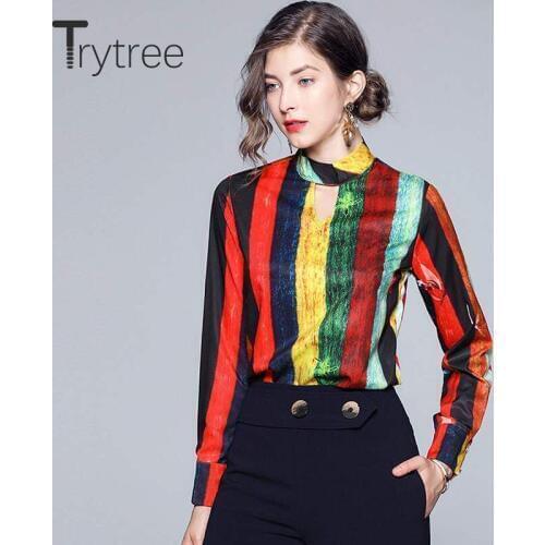 Trytree 2020 Autumn Winter Women Casual Blouse Polyester Turtleneck Button Blouse Fashion Elegant Stripe Office Lady Blouse
