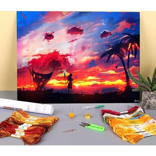 Scenery Moana Printed Fabric 11CT Cross-Stitch DIY Embroidery Kit DMC Threads Painting Needlework Handiwork Hobby Floss