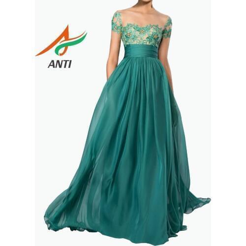 ANTI Saudi Arabia Emerald Green Long Prom Dresses 2019 With Short Sleeve Cap vestidos de gala Tulle A-Line Gowns gala jurken