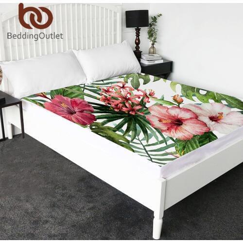 BeddingOutlet Flowers Topper Bed Sheet Leaf Microfiber Fitted Sheet Queen Tropical Plants Deep Mattress Sheet Holiday Gift 1pc