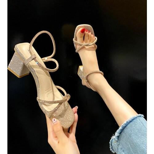 Block Heels Female Sandal 2021 Summer All-Match Black Shoes for Women Chunky Girls Rhinestone High Beige Fashion New Comfort