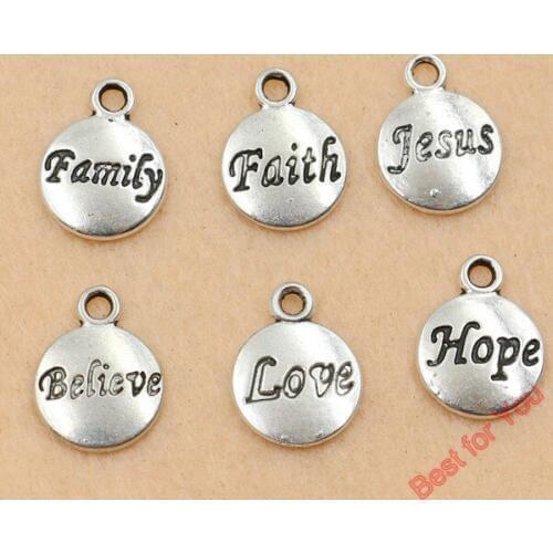12pcs Tibetan Silver Believe Faith Jesus Hope Love Round Charm Pendant Jewelry Making Handmade 11.5x15.5mm
