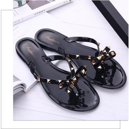 Slippers Women 2021 Fashion Women Sandals Flat Jelly Shoes Bow Flip Flops Stud Beach Shoes Summer Rivets Slippers zapatos mujer