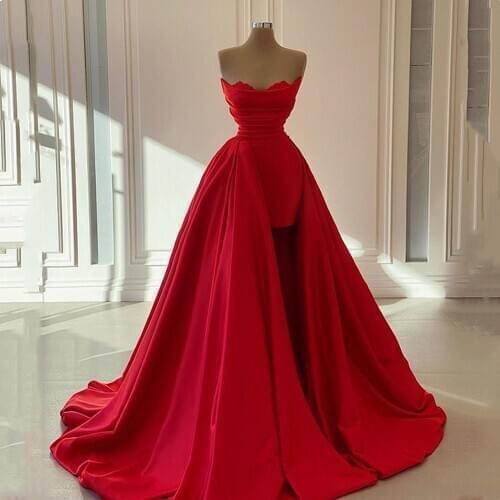 Sexy Red Mini Satin Prom Dresses With Detachable Train Elegant Boat Neck Backless Evening Party Dresses Long Prom Gowns