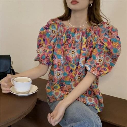 Off Shoulder Top Women Sexy Floral Blouse Puff Sleeve Vintage Clothes Korean Fashion 2021 New