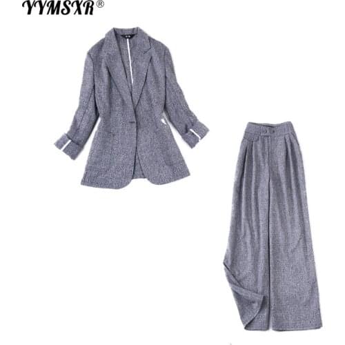 High-quality womens 2021 new spring and summer plus size mid-length gray suit + high-waist wide-leg trousers Fashion