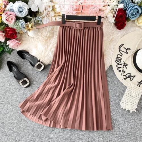 Women Pink Midi Skirts Belt High Waist Chiffon Pleated Long Skirts For Women Daily Office Skirts Saia Femme Jupe