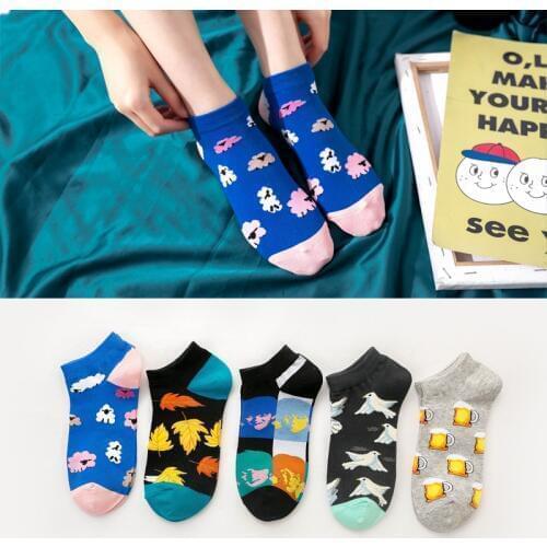 5 Pairs Womens Summer Slippers Funny Cartoon Kawaii Burger Fries Smiley Dove Beer Swan Short Socks for girl popsocket