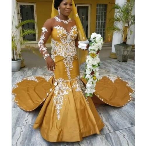 Arabic Dubai Golden Mermaid Satin Wedding Dresses White Lace Flower Vestido De Novia Detachable Train Bridal Gowns